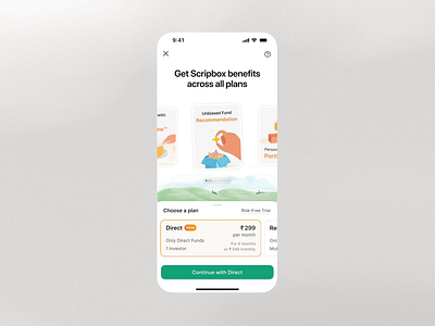 Subscription 💰 auto scroll benefits bottom sheet carousel features investment light mode mobile app mutual funds paywal pricing scripbox subscription