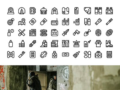 Survivalism icons adventure icons cabin camping disaster emergency icon design icons outdoor equipment post apocalyptic prepper prepping supplies survival survivalism vault