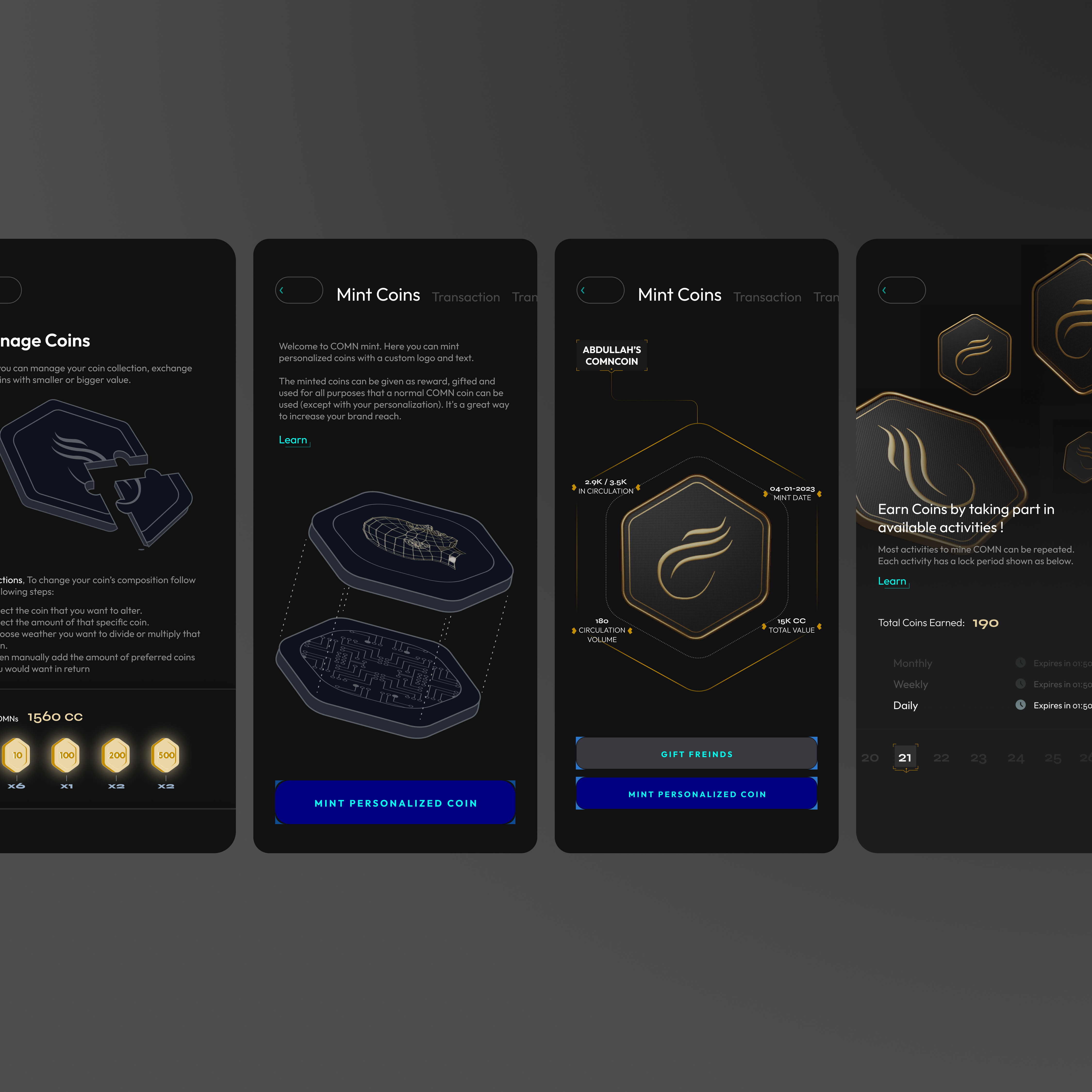 ComnVault - Crypto App Screens blockchainui cleandesign creative cryptoapp cryptodesign darkmode darktheme fintechui futuristicdesign interactiveui loginui minimaldesign modernui techaesthetics techui uianimation userinterface visualdesign