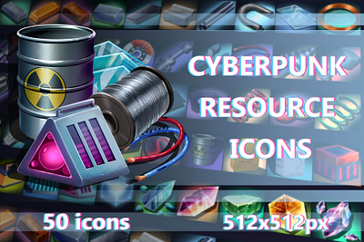 Cyberpunk Resource Game 512×512 Icons 2d art asset assets cyberpunk game game assets gamedev icon icons illustration indie indie game loot pack resource resources rpg sci fi ui