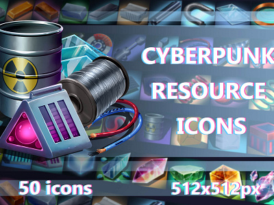 Cyberpunk Resource Game 512×512 Icons 2d art asset assets cyberpunk game game assets gamedev icon icons illustration indie indie game loot pack resource resources rpg sci fi ui