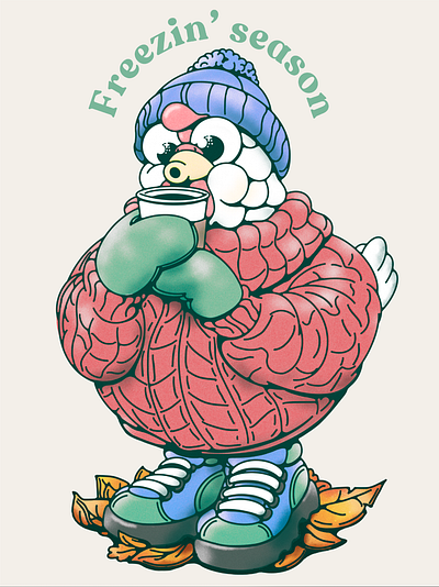 Freezin' Season cartoon character character design christmas coffee cute design fall fashion graphic design illustration illustrator love retro seasonal sweater typography vintage weather winter