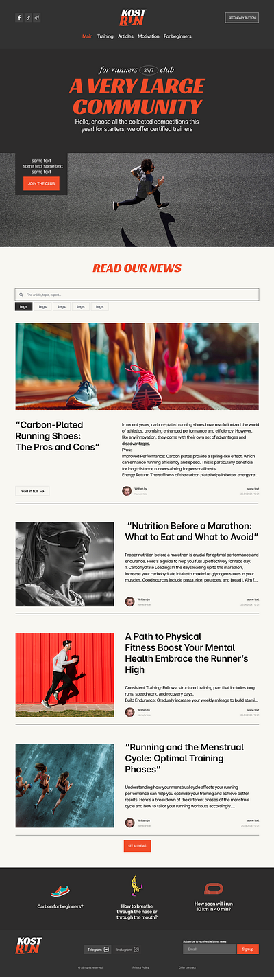 Landing Page "Running News and Tips: Training, Marathons.. and motivation for runners branding graphic design landin page runners ui ux