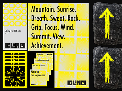 Climb Brand Applications bold design brand applications brand assets brand design brand touchpoints branding brochure design climb climbing creative branding custom typeface flyer design graphic design graphicdesign logo logo design poster design sticker design sunrise vibes typography