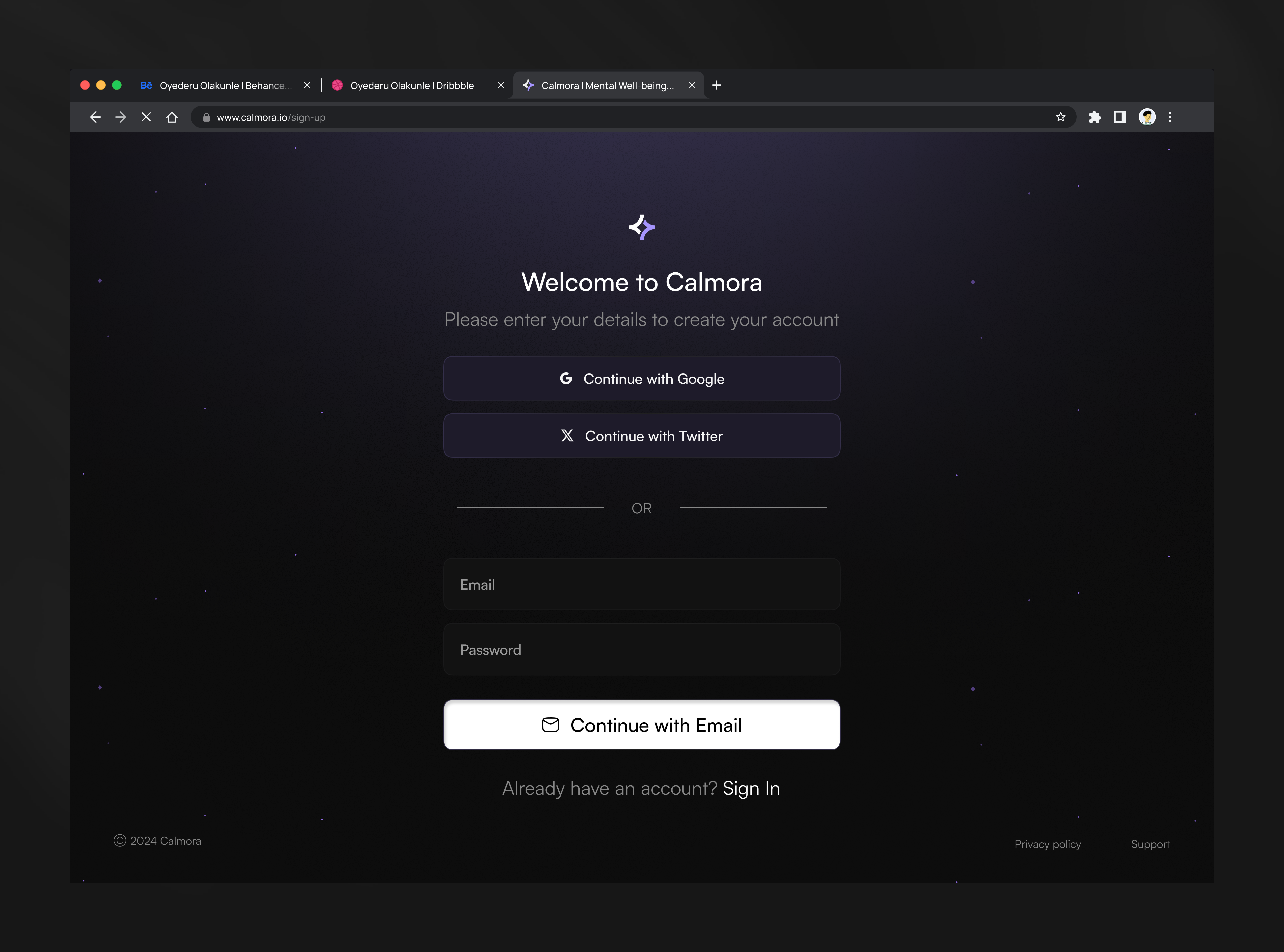Calmora - Sign Up Page landingpage product design sign in sign up uiux