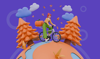 3D Illustration Girl on Bicycle with Pumpkin 3d 3d illustration around earth autumn autumn illustration bicycle blender blender art character illustration fall season female girl halloween illustration pine tree planet pumpkin riding bike woman