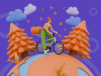 3D Illustration Girl on Bicycle with Pumpkin 3d 3d illustration around earth autumn autumn illustration bicycle blender blender art character illustration fall season female girl halloween illustration pine tree planet pumpkin riding bike woman