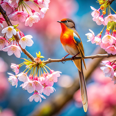 Realistic Bird on Tree branch ai artificial inteligence bird flower nature trees