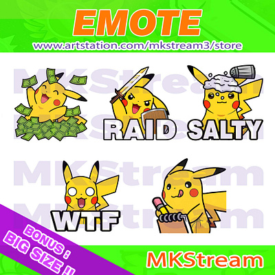 Emotes Pokemon Pikachu rich, raid, salty, wtf & note pack animated emotes anime cute design discord discord emotes emoji emote emotes illustration pikachu pikachu emotes pokemon pokemon emotes raid emotes salty stickers sub badge twitch emotes wtf