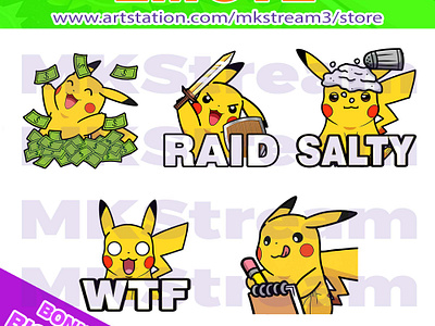 Emotes Pokemon Pikachu rich, raid, salty, wtf & note pack animated emotes anime cute design discord discord emotes emoji emote emotes illustration pikachu pikachu emotes pokemon pokemon emotes raid emotes salty stickers sub badge twitch emotes wtf