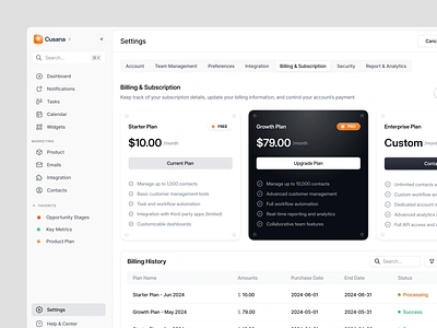 Billing & Subscription page - CRM Dashboard 🧩 billing billing subscription billing page clean crm dashboard dashboard settings design minimalist pricing pricing card pricing dashboard pricing page pricing plan product design saas saas dashboard settings subscriptions ui ux