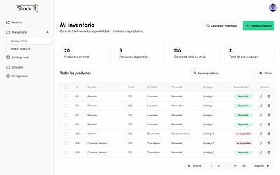 Inventario dashboard filters stock table ui