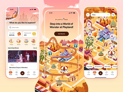 Playland - Theme Park Mobile App 🎢 amusement app attractions autumn booking design entertainment fall holiday illustration map mobile orely park theme ticket ui virtual