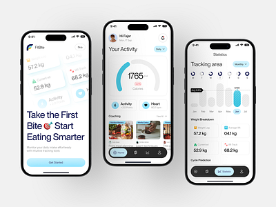🥦 FitBite - Diet & Health Mobile Apps blue branding calories chart clean diet diet app doctor app food fyp health ai app healthy mobile app modern nutrition app track trending ui viral wellness app