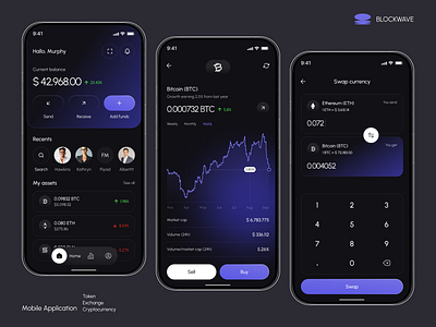 Crypto Wallet App banking bitcoin blockchain clean crypto cryptocurrency dark design fintech market mobile app platform saas startup swap token trading ui ux web