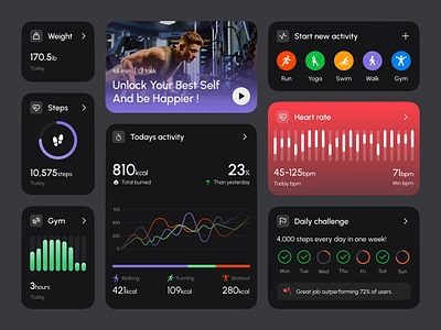 Fitness Tracking Mobile App UI Kit app kit dark mode ui fitness goals fitness tracking app focotik focotik agency health app design health tech ui heart rate monitor mobile app design mobile kit prototyping testing sleep tracking ui ui kit user centered design