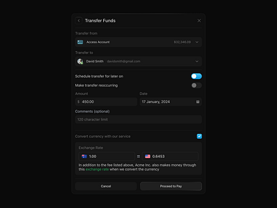 Transfer Modal clean component design interface minimal modal overlay pay payments popup process product design saas service toggle transfer ui ui design ux ux design