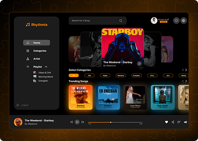 "Rhythmix: A Sleek Music Streaming UI" behance cleanui creativeui darkmodedesign dribbble interactiondesign interfacedesign minimaldesign modernui musicapp musicplatform musicstreaming musicui playlistui responsivedesign uidesigner uiuxdesign userexperience uxdesigner webdesign