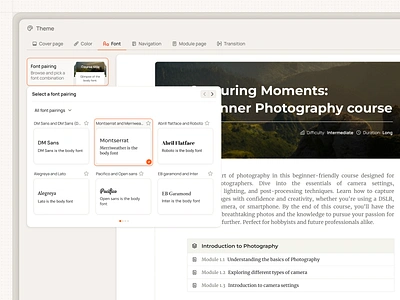 Course Theming for a Course Authoring Tool backend course design design system elearning frontend product design product development product discovery ui