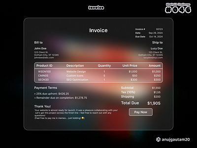 #DailyUI Challenge #046: Invoice 046 app bill cleanui creativedesign dailyui dailyui challenge design designtrends graphic design interactiondesign interactive invoice minimaldesign modernui uiux userexperience userinterface visualdesign webpage