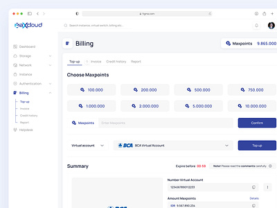 Maxcloud - Web App Saas Billing billing billing customer billing detail billing transaction design figma maxcloud maxpoints payment saas software as a service top up top up method transaction transaction top up ui uiux ux webdesign website design