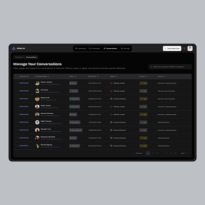 Manage Conversations Table ai design b2b b2b design branding chatbot dashboard design illustration product designer ui