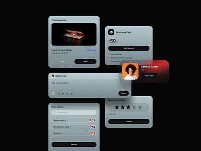 UI Components - Dark theme branding cards components creative dark theme dark uiux dashboard messages minimal plan pricing product rating profile stead ui ui components uiux user search web webapp