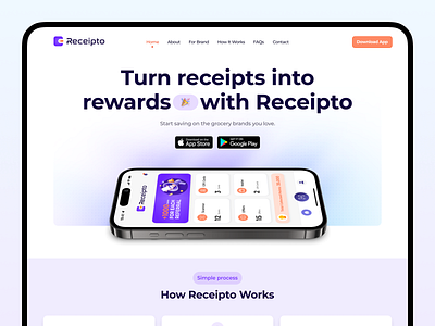 Receipto Web Landing Page Design app big typo design gradient hero section landingpage launch page layout minimal modern product rewards typography ui ux web website