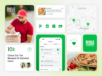 Design Elements of Delivery Service | Smile Food bento grids courier delivery delivery app delivery service fast food food and drink food delivery app food delivery service foodie icons illustration logo map online food order order app ordering paument screen route