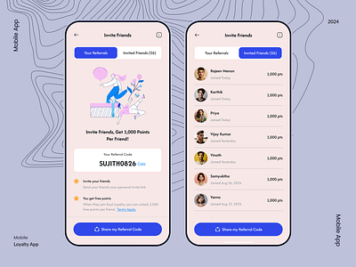 Invite Friends_Loyalty App card view clean color design invite friend list view minimal referal page typography ui