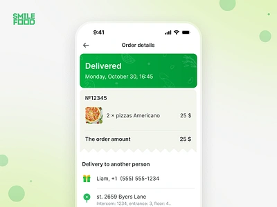 Order Details Food Ordering Mobile App | Smile Food couriers route delivery app delivery service edit address fast food food and drink food delivery service foodie mobile app mobile app design online food online food delivery order details ordering pizza delivery service status ui design user flow uxui