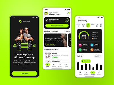 LevelUp Fit Mobile app UI activelifestyle exercisemotivation fitgamified fitnessgoals fitnessjourney gamifyyourworkout levelupfitness trackyourprogress workoutadventure