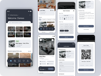 Co-working Space Reservation System - Mobile Apps booking details co working space mobile apps mobile reservation payment qr code reservation reservation system room booking scan qr select date select time ui design ux design ux reservation