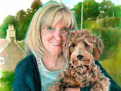 Woman and dog family portrait drawing by Mentiradeloro familydrawing familyportrait familyrealisticdrawing illustration portrait traditionalart traditionalillustration watercolor watercolour