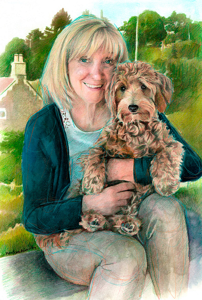 Woman and dog family portrait drawing by Mentiradeloro familydrawing familyportrait familyrealisticdrawing illustration portrait traditionalart traditionalillustration watercolor watercolour