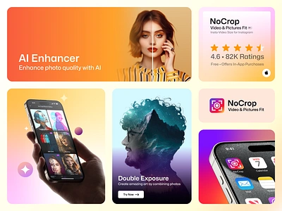 NoCrop App Store Screenshots/Branding ai ai app ai app design app design app showcase app store app store screenshot branding gradient graphic design ios app ios design ios screenshot mobile app photo screenshot ui ui design user interface video