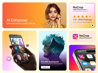 NoCrop App Store Screenshots/Branding ai ai app ai app design app design app showcase app store app store screenshot branding gradient graphic design ios app ios design ios screenshot mobile app photo screenshot ui ui design user interface video