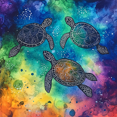 Floating Turtles in Cosmic Waters abstract ai ai art graphic illustration