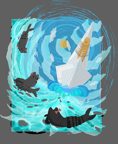 Spring Odyssey adobe illustrator cat cats digital art digital illustration illustration nature odyssey paper boat siren sirens spring ulysses vector water