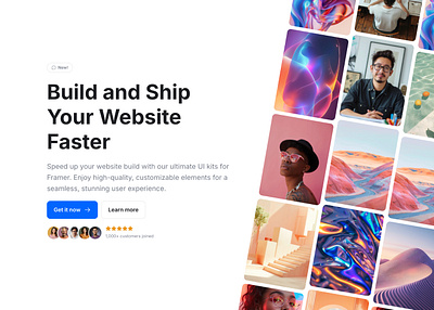 Landing Hero Section for Framer - Frameblox UI carousel clean cta framer header headline hero images landing modern photos rating review section slider social proof ticker ui ux webdesign