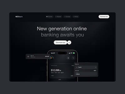 NEObank - Fintech landing page banking finance fintech gradient hero hero section home homepage landing landing page minimalist mobile payments saas ui web