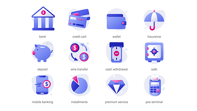 Banking 2D Icons Animation 2d 2d icons animation bank cash withdrawal credit card deposit flat icons illustration installments insurance mobile banking pos terminal premium service safe wallet wire transfer