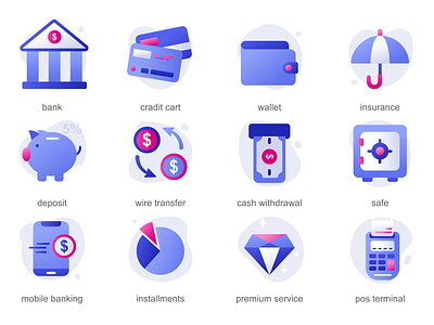 Banking 2D Icons Animation 2d 2d icons animation bank cash withdrawal credit card deposit flat icons illustration installments insurance mobile banking pos terminal premium service safe wallet wire transfer