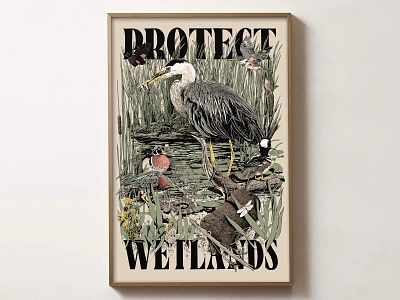 '24 Art of Politics Poster beaver duck heron kingfisher marsh swamp. wetlands