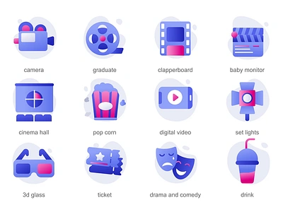 Cinema 2D Icons Animation 2d 2d icons 3d glasses animation baby monitor camera cinema hall clapperboard digital video drama and comedy drink flat graduate icons illustration movie pop corn serial set lights ticket