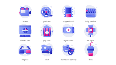 Cinema 2D Icons Animation 2d 2d icons 3d glasses animation baby monitor camera cinema hall clapperboard digital video drama and comedy drink flat graduate icons illustration movie pop corn serial set lights ticket