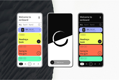 Zenboard Self help app abstract design brutalism cool app darkmode goal control kaban board lightmode meditation app mobile app design mockup modern app mood board to do list ui ux design zen app zen life