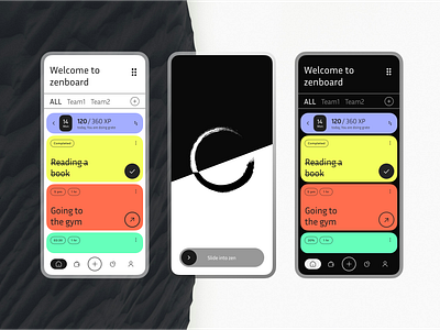 Zenboard Self help app abstract design brutalism cool app darkmode goal control kaban board lightmode meditation app mobile app design mockup modern app mood board to do list ui ux design zen app zen life