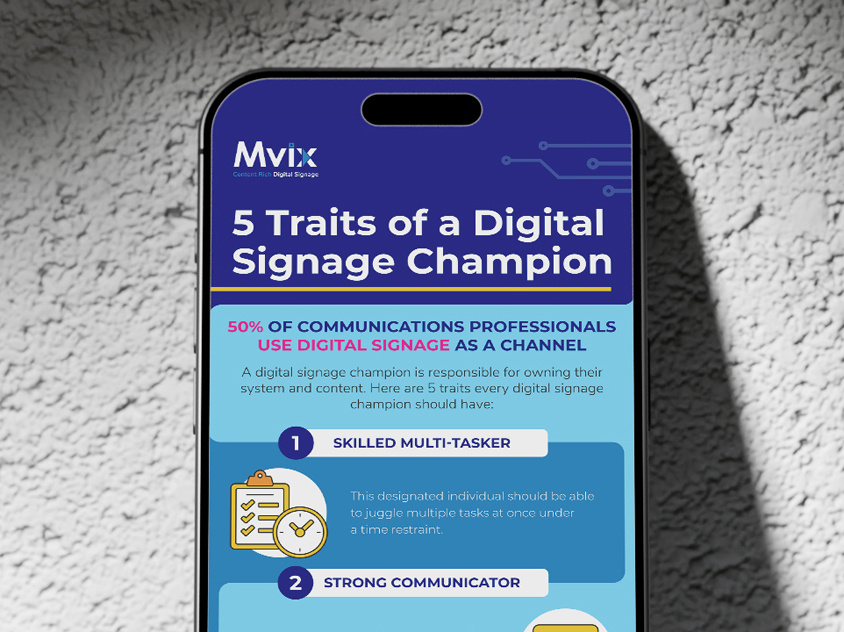 Mvix: 5 Traits of a Digital Signage Champion coaching collaboration communication data visualization development efficiency employee engagement hr infographic design leadership management optimization organization performance productivity solution team visual design workplace