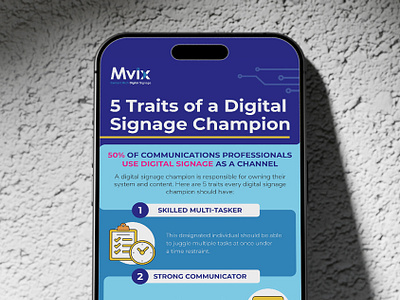 Mvix: 5 Traits of a Digital Signage Champion coaching collaboration communication data visualization development efficiency employee engagement hr infographic design leadership management optimization organization performance productivity solution team visual design workplace